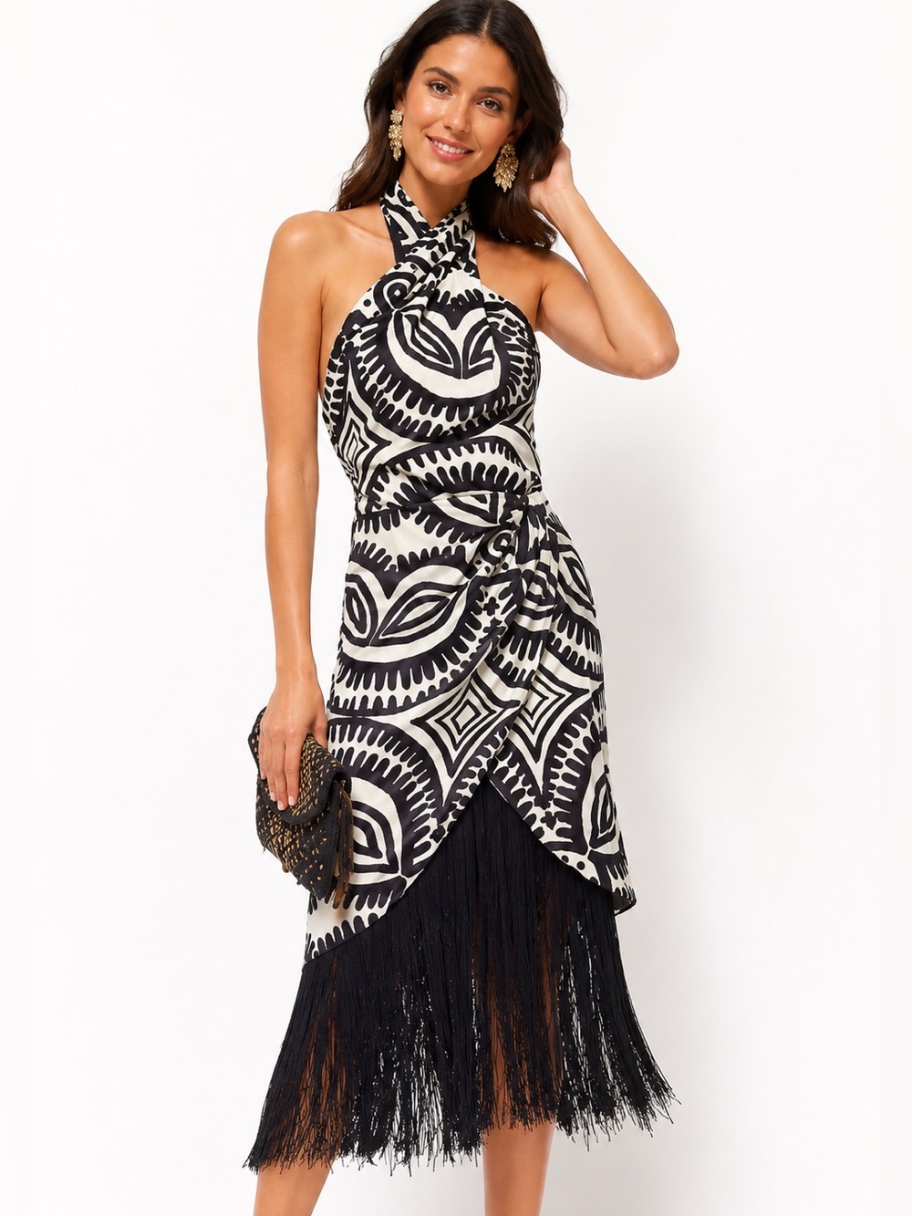 NWT Andres Otalora Zipa‎ Midi Designer Dress ✨Tribal Print Fringe Hem Cocktail